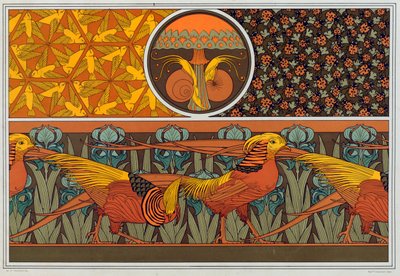 Dessins pour bordure de papier peint et tissu : Oiseaux, coccinelles et fougère capillaire, pub. 1897 - Maurice Pillard Verneuil
