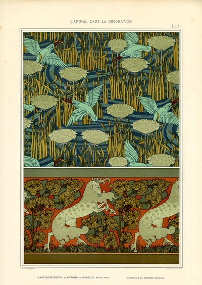 Poissons-rois et nénuphars avec frise de chevaux (litho) - Maurice Pillard Verneuil
