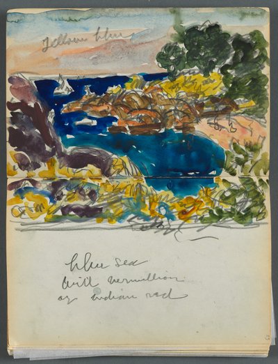 Sketchbook- The Granite Shore Hotel, Rockport, page 024  25 : Vue du port avec des annotations en couleur - Maurice Prendergast