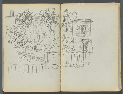 Sketchbook- The Granite Shore Hotel, Rockport, page 054  55 : Maison et jardin clôturé - Maurice Prendergast