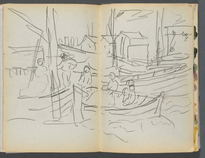 Sketchbook- The Granite Shore Hotel, Rockport, page 114 115 : Figures sur un voilier - Maurice Prendergast