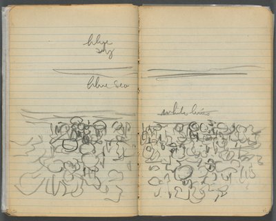 Sketchbook, page 046  47 : Vue de la plage avec des notations de couleur - Maurice Prendergast