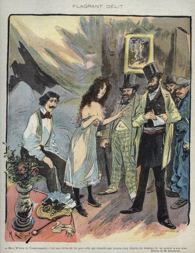 Illustration de Maurice Radiguet (1866-1941) pour le magazine français « Le Rire » numéro 46 de 1895 - « Flagrant Délit » - Ben monsieur commissaire, c