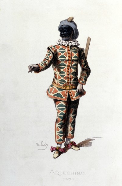 Arlequin en 1671. Maurice Sand "Masques et Bouffons" Paris 19ème siècle. (Maurice Sand était le fils de George Sand) - Maurice Sand