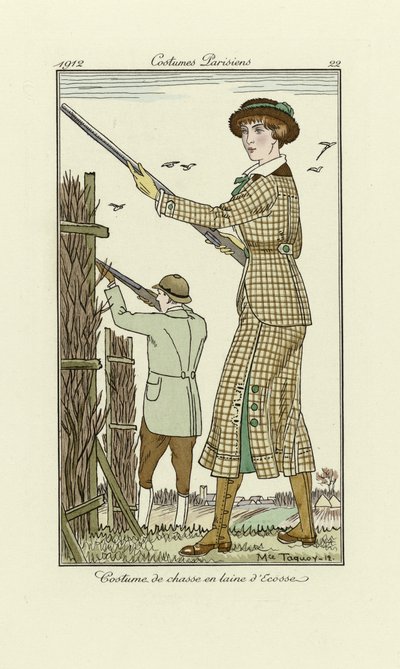 Conception pour un costume de tir en tweed pour dames, tiré de Costumes Parisien, pub.1912 (pochoir) - Maurice Taquoy