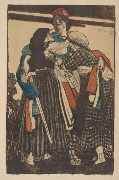 Femme avec épée embrassant deux enfants (série: La Grande Guerre: les efforts et idéaux de la Grande-Bretagne) - Maurice William Greiffenhagen