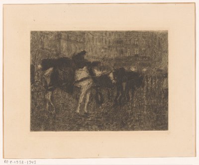 Chevaux de carrosse sur une place de ville au crépuscule - Maurits Niekerk