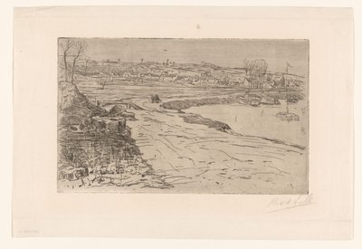 Paysage avec maisons et eau avec bateaux à voile amarrés - Maurits van der Valk (signed by artist)