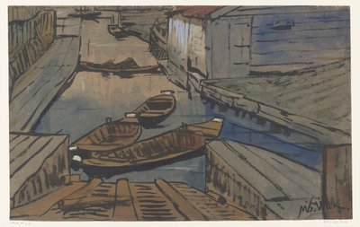 Petits bateaux dans un fossé entre des granges - Maurits van der Valk
