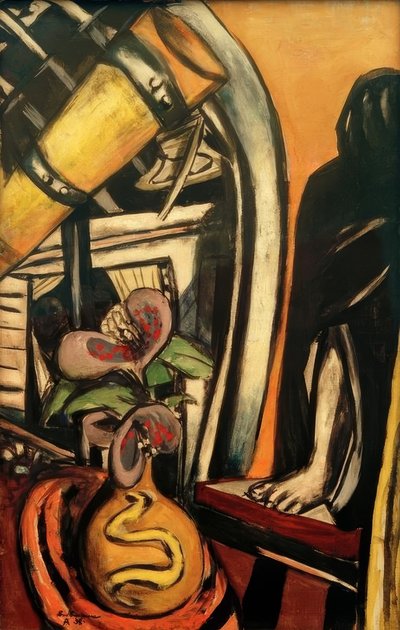 Atelier (Nuit). Nature morte avec télescope et figure voilée - Max Beckmann