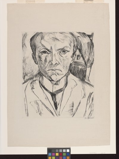 Autoportrait frontal avec pignon de maison en arrière-plan - Max Beckmann