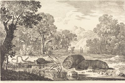 Paysage fluvial avec deux castors - Max Joseph Wagenbauer