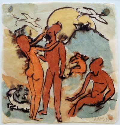 Scène de baignade avec des oiseaux timoniers - Max Pechstein