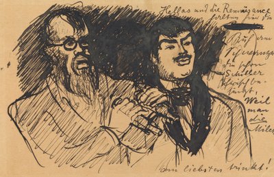 Drei Lenbach-Karikaturen: a) Brustbild; b) Ganzfigur; c) zusammen mit Stuck - Max Slevogt