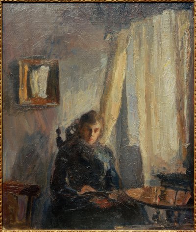 Intérieur Nini à la table avec rideau - Max Slevogt