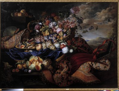 Panier de fruits, fleurs et luth sur tapis - Maximilian Pfeiler or Pfeiller
