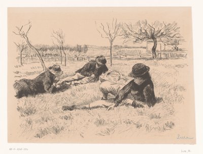 Trois hommes se reposant dans un pré - Maximilien Luce (signed by artist)