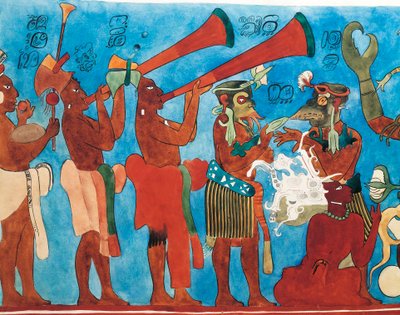 Reproduction des fresques de Bonampak, détail avec musiciens du Mexique, Chiapas, Bonampak - Mayan