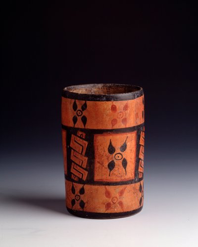 Vase cylindrique en argile polychrome avec des fleurs. De Tikal - Mayan Mayan