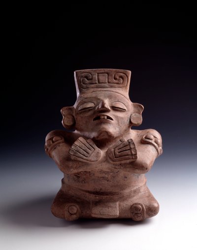 Art précolombien, civilisation maya, période classique : vase anthropomorphe en argile représentant un personnage assis, les jambes et les bras croisés, le visage tourné vers le haut. De La Lagunita, Quiché, Guatemala - Mayan Mayan
