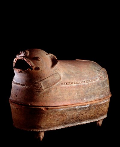 Art précolombien, civilisation maya, période classique tardive : urne funéraire tétrapode en argile avec un couvercle en forme de jaguar - Mayan Mayan
