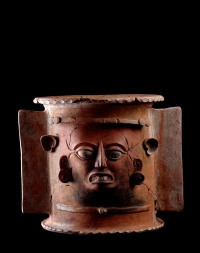 Art précolombien, civilisation maya, période classique tardive : urne funéraire cylindrique en argile décorée d