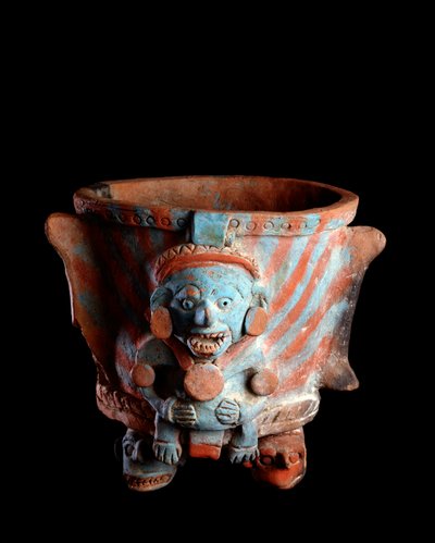 Art précolombien, civilisation maya, période postclassique : vase tripode avec encens en argile décoré d