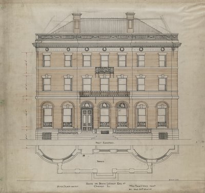 Bryan Lathrop House, Chicago, Illinois, élévation avant et plan de la terrasse - Mead and White McKim