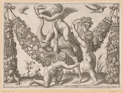 Trois putti et une autruche (série Tapisseries du pape, Tapezzerie de Papa) - Meester van de Dobbelsteen