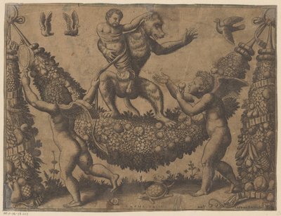 Putti ridiculisant un singe - Meester van de Dobbelsteen