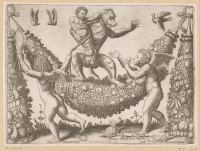 Putti ridiculisant un singe - Meester van de Dobbelsteen