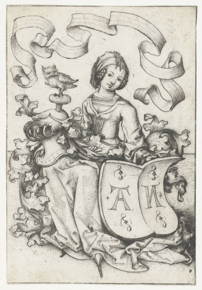 Dame avec hibou et blason avec les lettres AN - Meester van het Amsterdamse Kabinet
