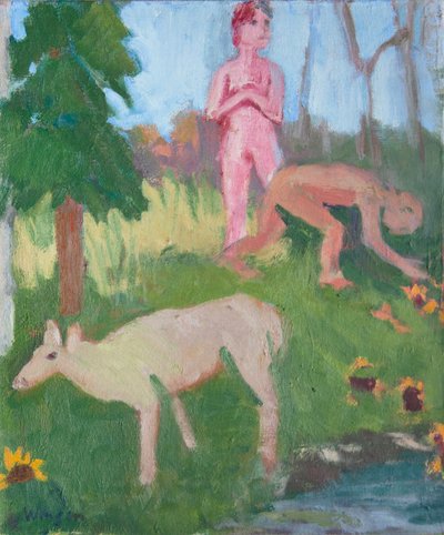 Deux figures avec une femelle élan, 2016 (huile sur toile) - Megan Williamson