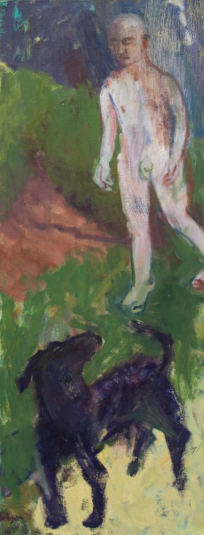 Homme blanc qui promenait un chien noir, 2016 (huile sur toile) - Megan Williamson