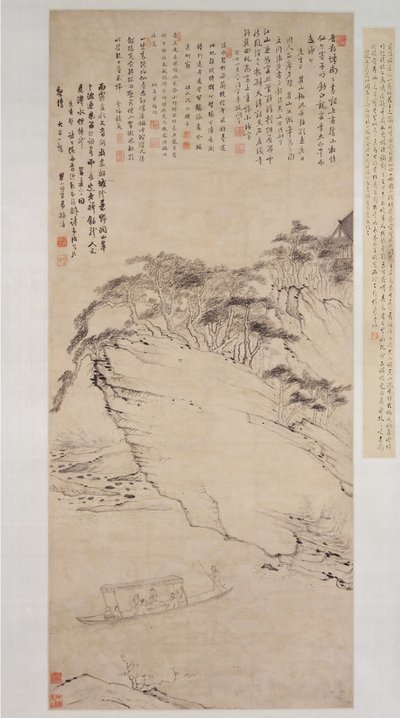 Navigation sur une rivière sous une falaise, datable à 1673 - Mei Qing