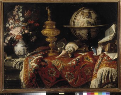 Vase de fleurs, globe astral, livres et orfèvrerie sur un tapis - Meiffren (c.1630 1705) Conte