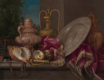 Nature morte avec assiettes en argent et en or, coquillages et une épée, quatrième quart du 17ème siècle - Meiffren Conte