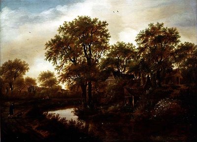 Paysage fluvial avec cottages et paysan - Meindert Hobbema