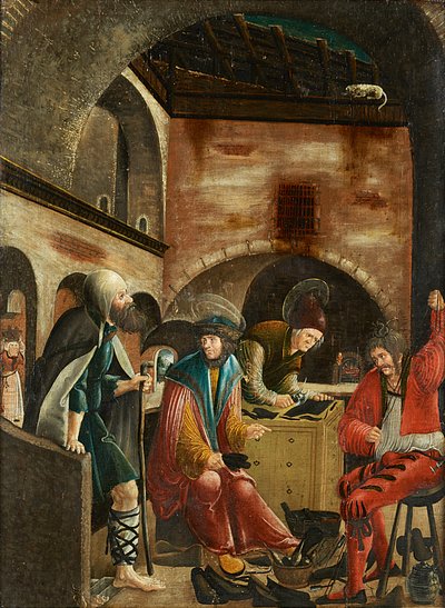 Les saints Crispin et Crispinian dans leur atelier de cordonnerie - Meister der Crispinuslegende