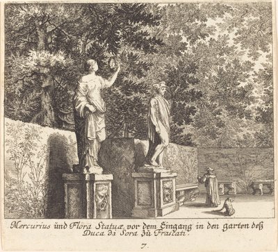 Statues de Mercure et Flora, Jardins de Dukedi Sora, Frascati - Melchior Küsel after Johann Wilhelm Baur