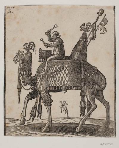 Un dromadaire magnifiquement équipé avec un timbalier comme cavalier - Melchior Lorck