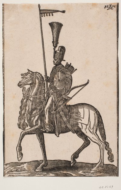 Soldat à cheval, profil vers la gauche; lance avec fanion, arc à côté, bouclier circulaire, carquois; coiffe avec plume - Melchior Lorck