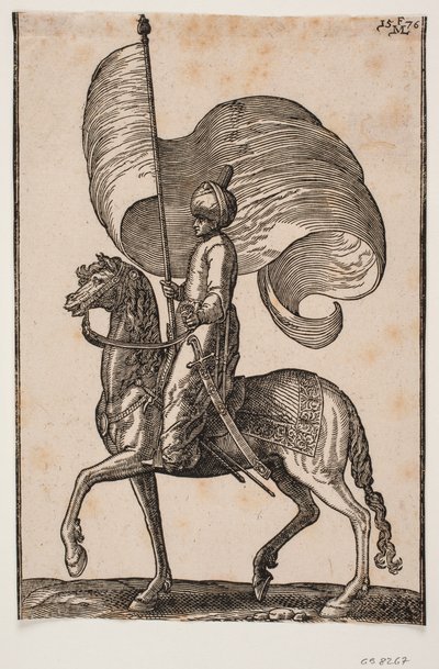 Porte-étendard à cheval, profil vers la gauche; il porte une épée à son côté gauche - Melchior Lorck