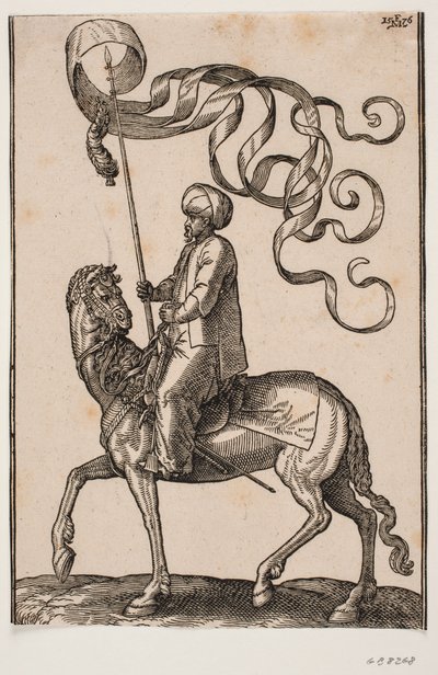 Porteur de standard à cheval, profil vers la gauche; la standard est à trois pointes et une plume est suspendue en dessous; son épée placée entre sa jambe gauche et le flanc du cheval - Melchior Lorck