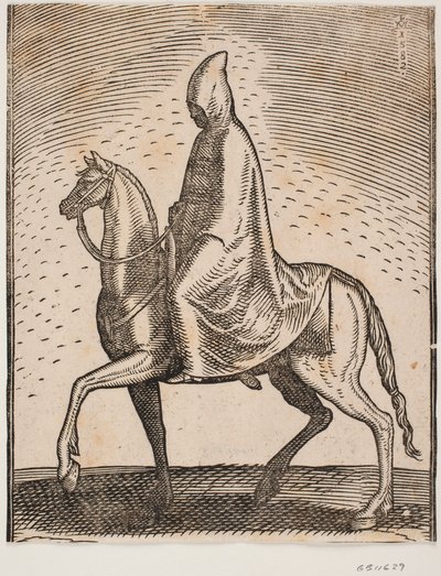 Cavalier portant un manteau et un chapeau, profil vers la gauche; sous son manteau, une épée peut être aperçue - Melchior Lorck