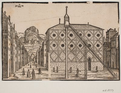 Rue, au premier plan mosquée et minaret isolé - Melchior Lorck
