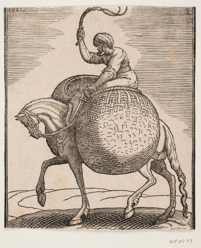 Cheval avec cavalier et deux paniers sphériques pour le transport de légumes - Melchior Lorck