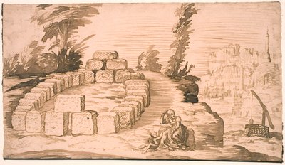 Paysage avec un cercle de pierres et une vieille femme avec un enfant - Melchior Lorck