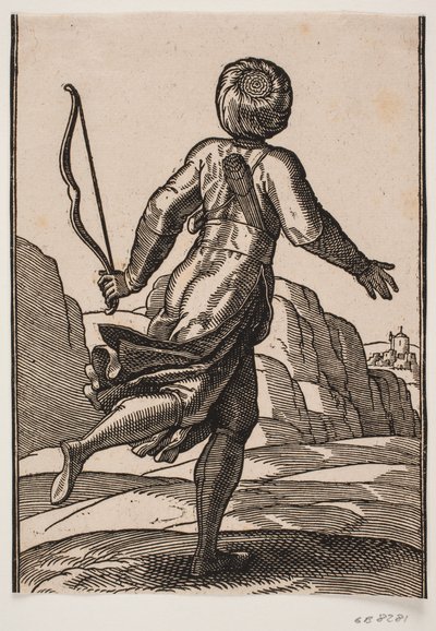 Messager courant, vu de dos, dans un paysage rocheux; dans la main gauche un arc, un faisceau de flèches est enfoncé dans la ceinture, une housse sur l