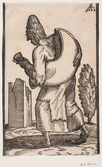 Homme marchant vers la gauche, vu de dos; portant un sac d